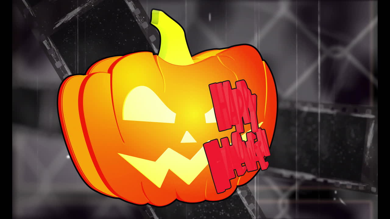 Glowing jack-o''-lantern with Happy Halloween text animation over film strips background