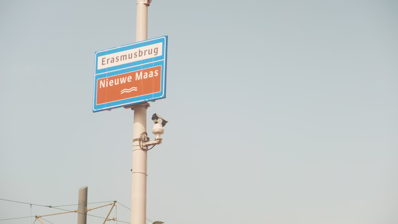Street sign of Erasmusbrug AKA The Swan during the day with sky behind in Rotterdam, Netherlands, wide shot