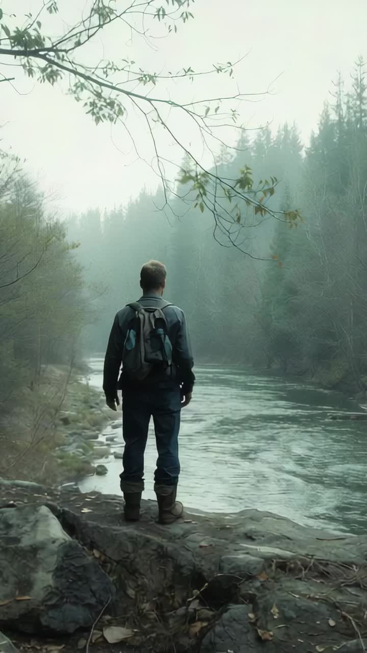 Vertical video: Reaching river rock, male hiker pausing to reflect, facing river with pack, boots
