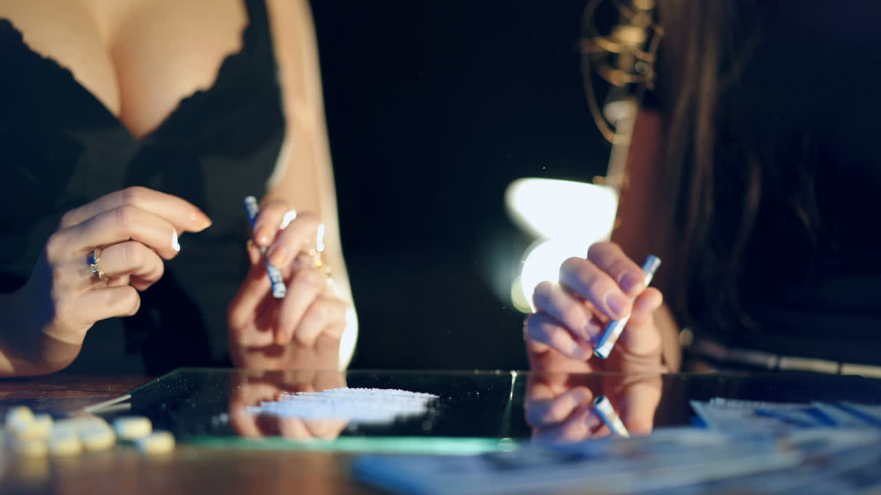 Addicted young woman is sniffing lines of drugs. Drug Abuse