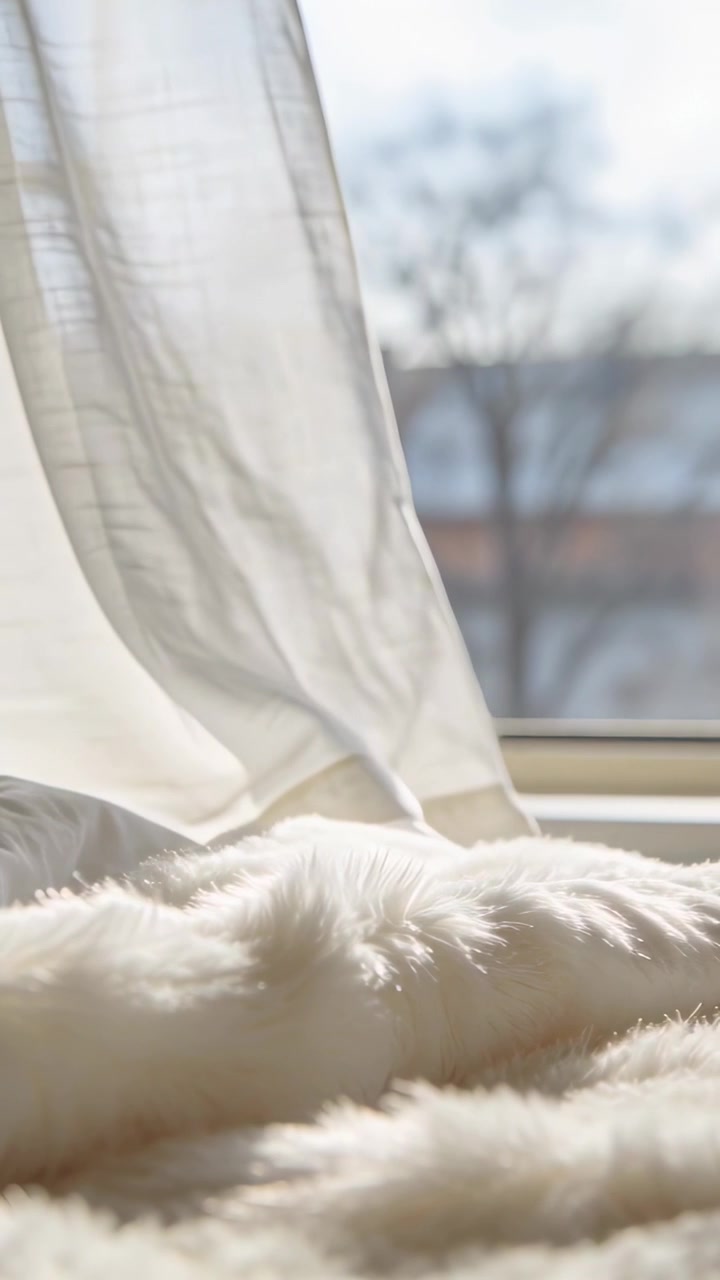 Video verticale: Tenda velata che ondeggia su un davanzale illuminato dal sole con la brezza, luce che cambia su una coperta di pelliccia