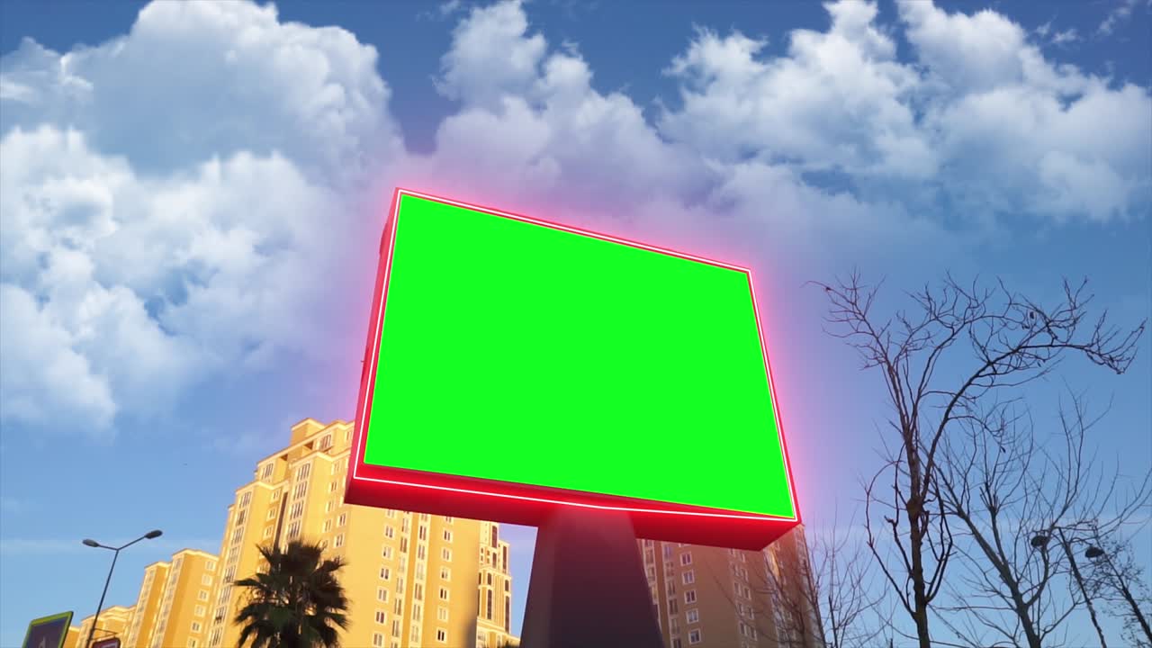 cartel de pantalla verde en la vida urbana, la ciudad. panel de publicidad en blanco, banner para el marketing. clave de croma signo vacío.