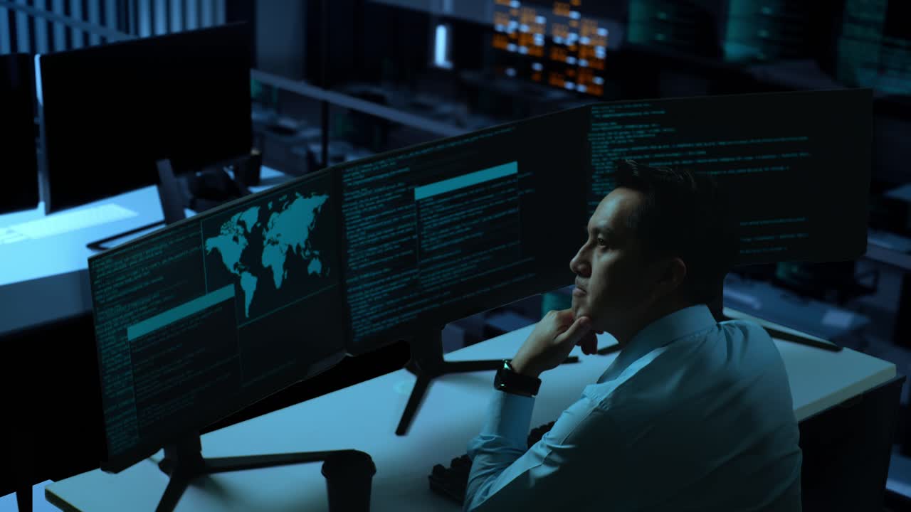 Side View Of Asian Man Developer Thinking About Something Then Raising His Index Finger While Write Code With Multiple Computer Screens In The Office