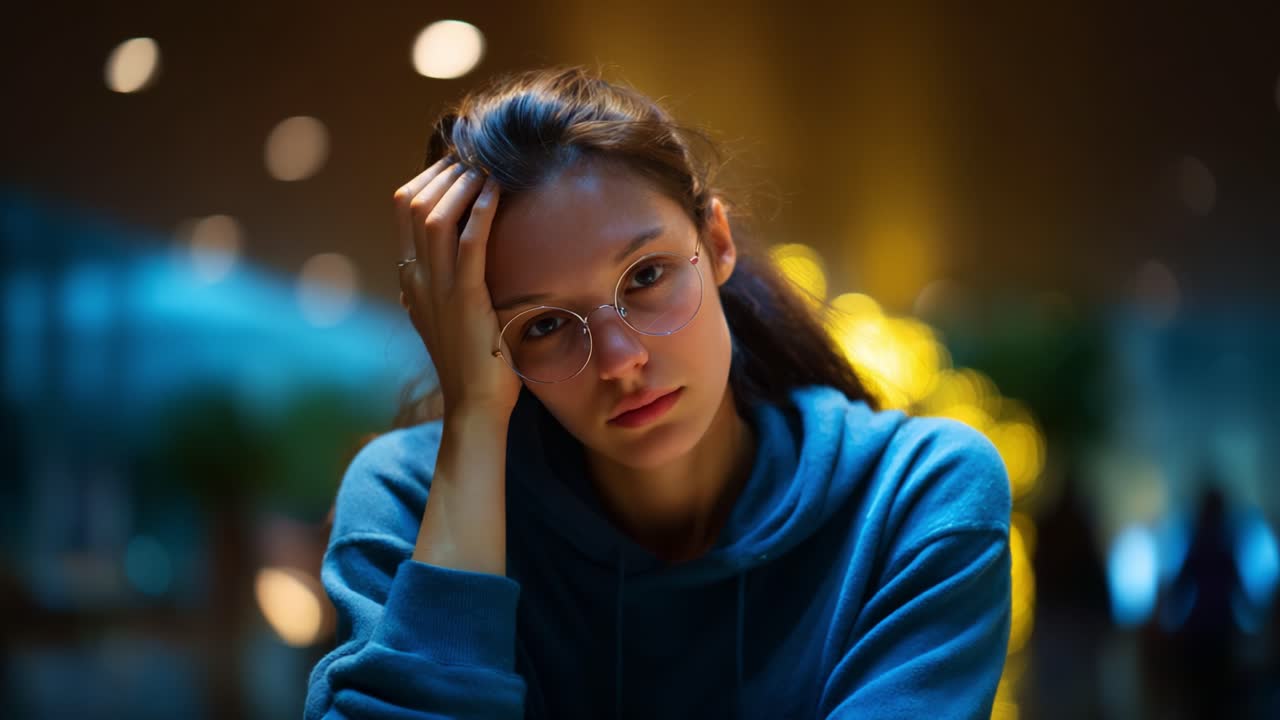 A contemplative young woman with glasses, lost in thought, gazes pensively while seated in a dimly lit environment, capturing a moment of introspection and emotion