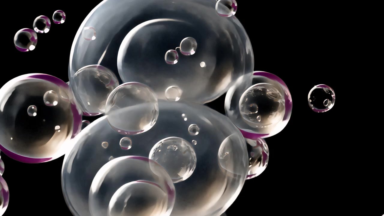 Bolle di sapone trasparenti che fluttuano e salgono contro uno sfondo nero