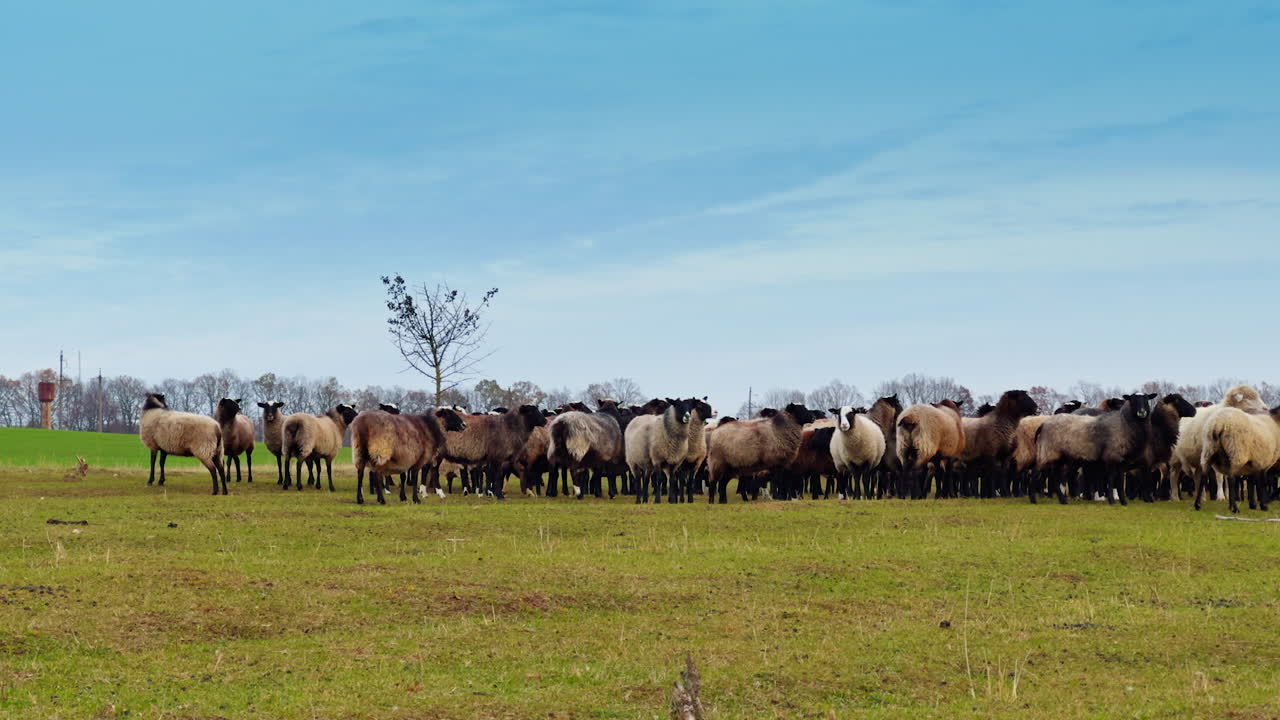 Fluffy cute sheep standing in the field near the little tree. Livestock pasturing in autumn.