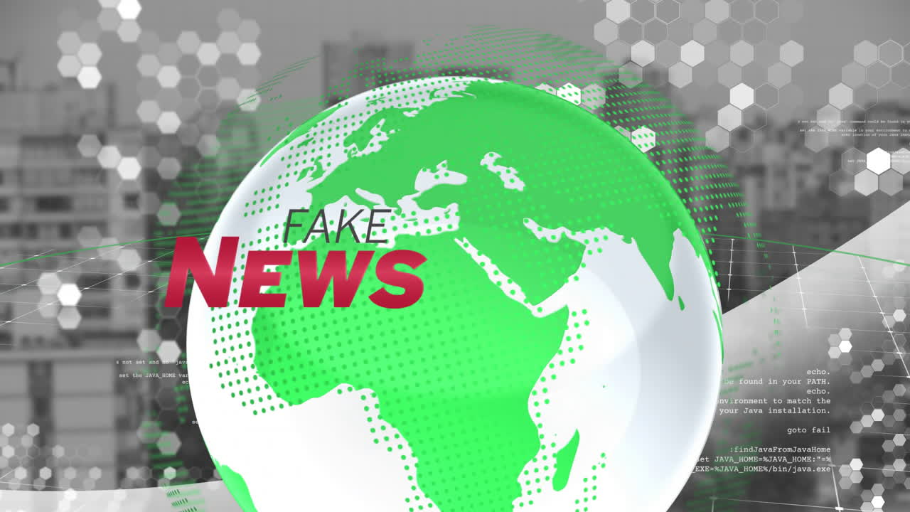 animación de texto de noticias falsas sobre globo verde y patrones hexagonales