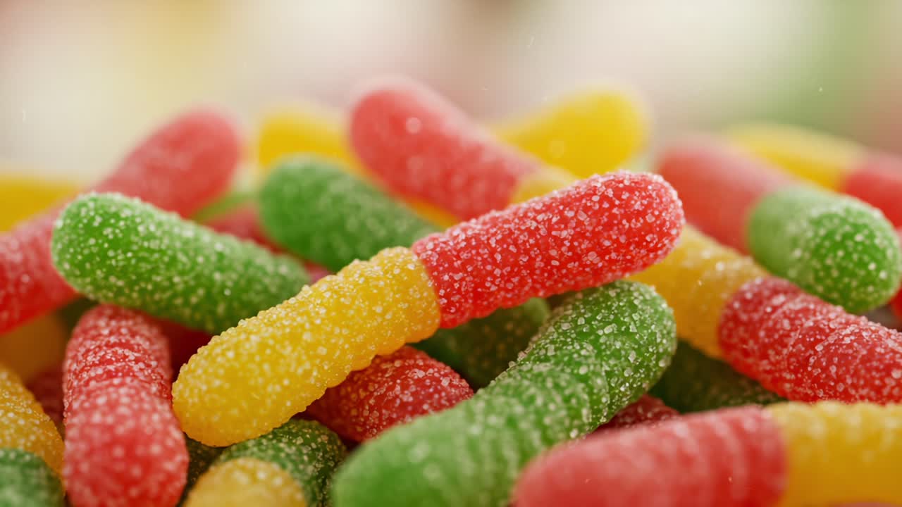 A Close-up View of Colorful Fruit-Flavored Gummies Displaying Vivid Colors, Textures, and Sugar Coating, Perfect for Candy Enthusiasts and Sweet Treat Lovers