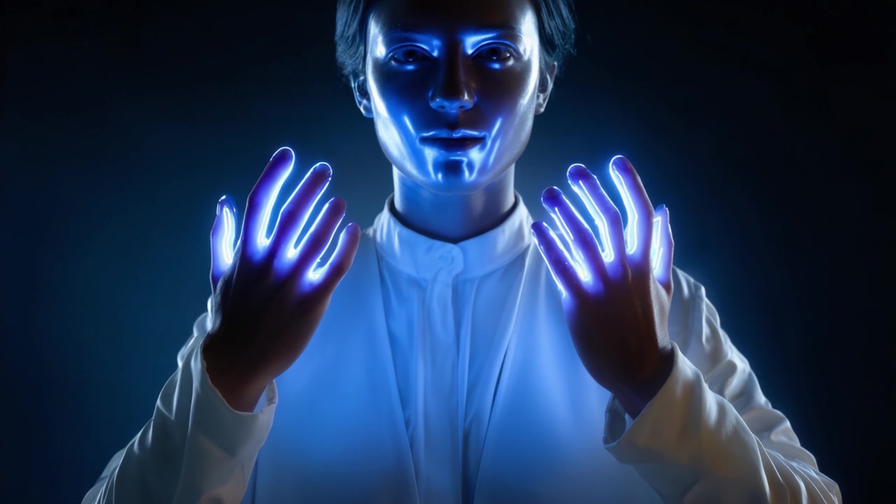 Una figura futuristica con mani illuminate dimostra un potere misterioso, mostrando una fusione di tecnologia e arte all'interno di un ambiente oscuro e accattivante.
