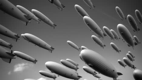 Large-fleet-of-dirigibles.-Many-smooth-shaped-airships-are-flying-diagonally-across-the-frame,-view-from-underneath.-The-blimps-were-used-in-transporting-cargo-and-passengers.