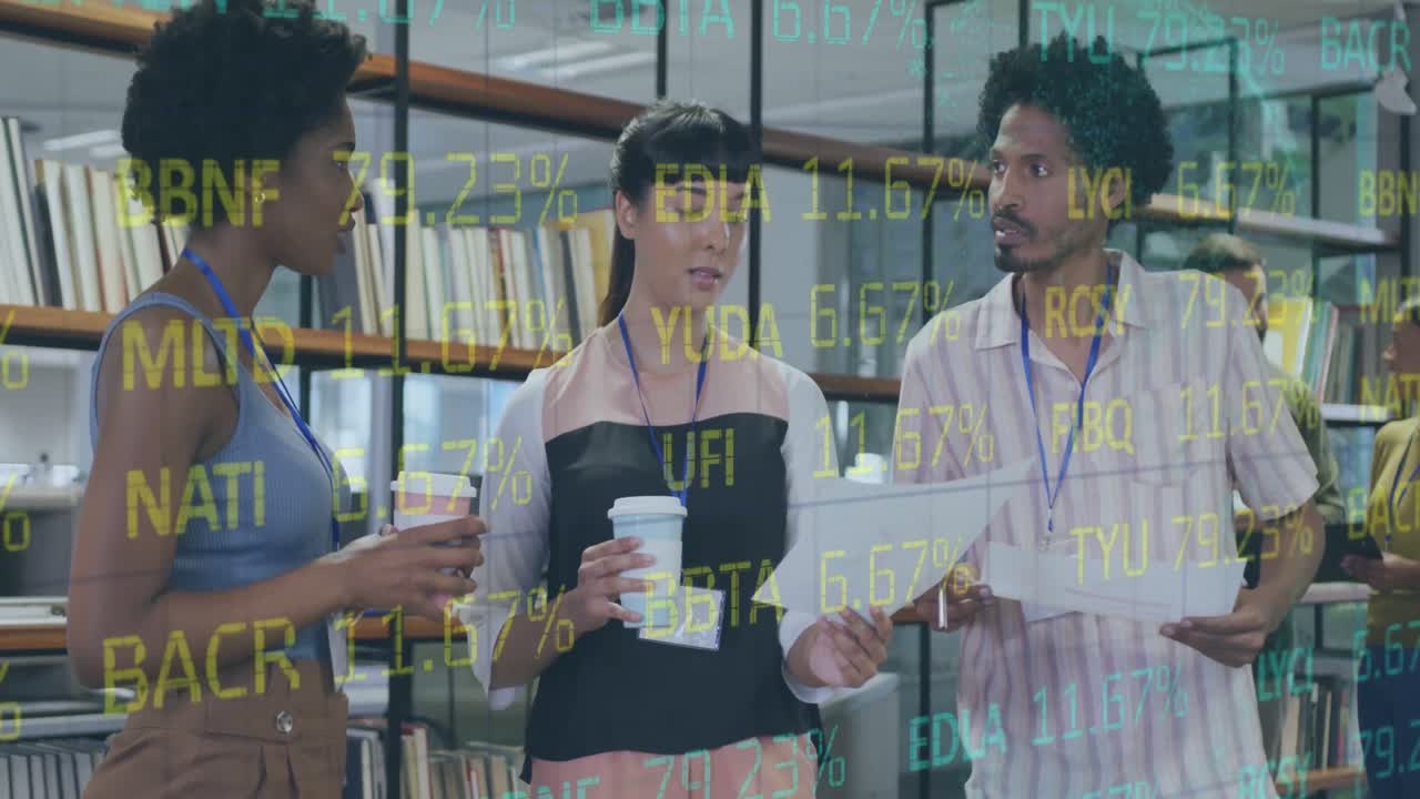 Animation of stock market data processing over diverse colleagues discussing over document at office