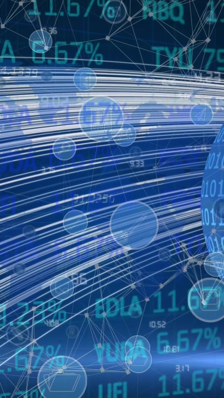 Animazione di elaborazione di dati finanziari e icone di social media su un globo
