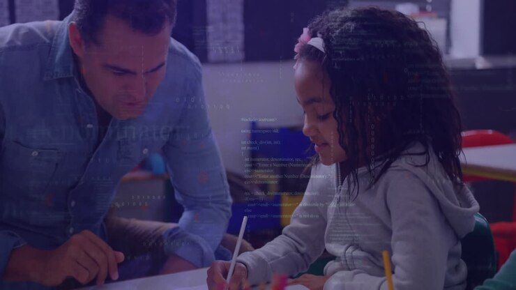 tutor guiding student girl writing at table, floating pencil icons marking progress in education
