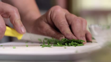 picar las cebolletas vegetales con cuidado