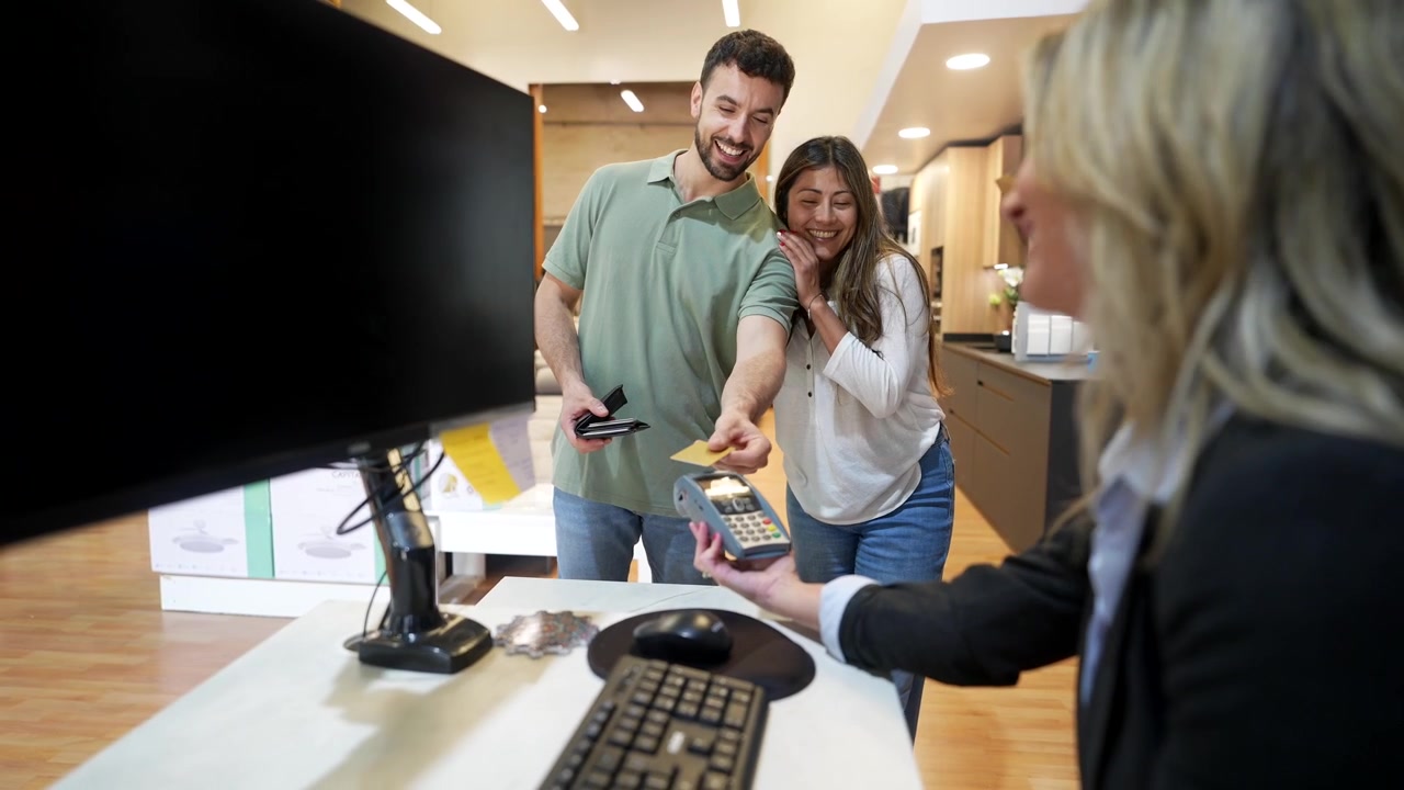 Pareja feliz pagando con tarjeta de crédito y estrechando la mano con la vendedora