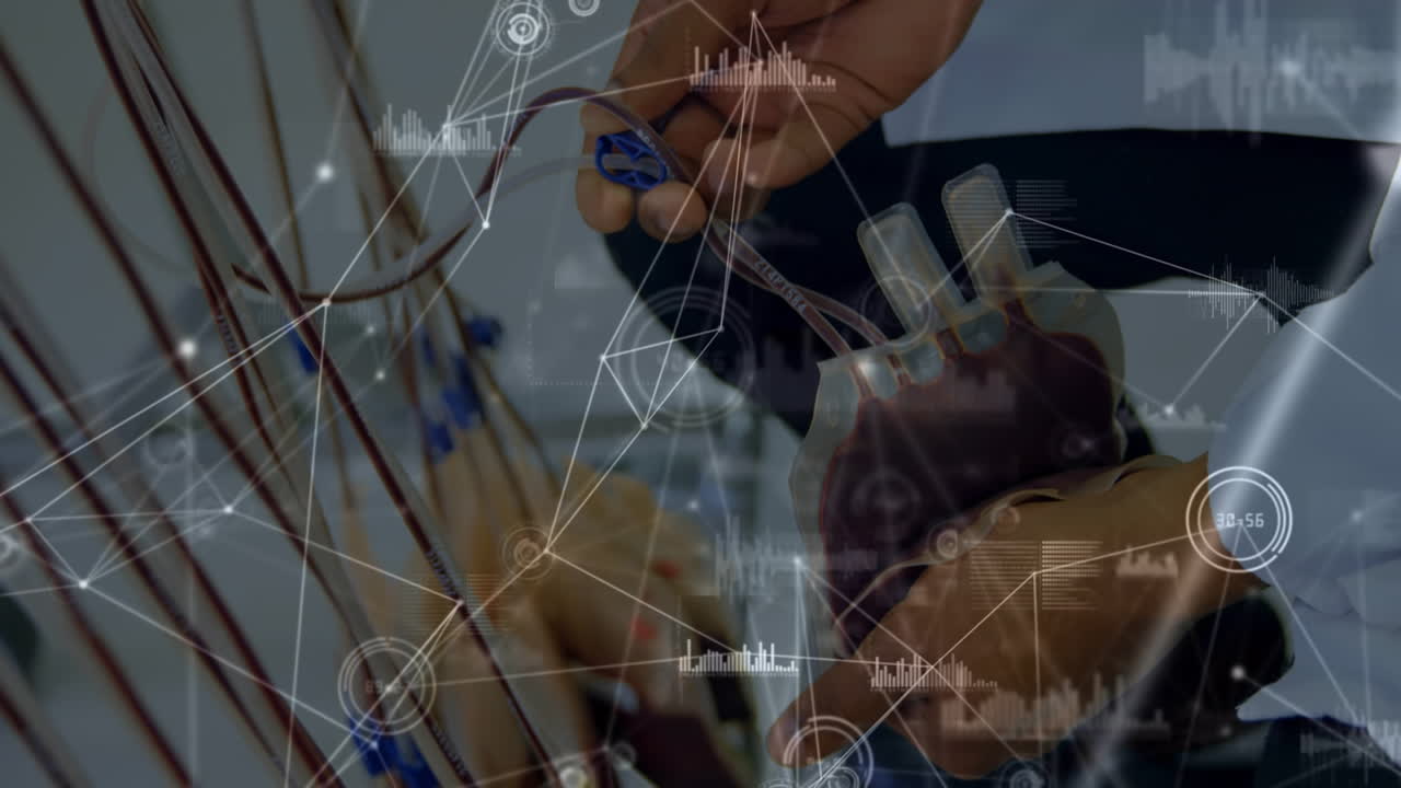 animación de procesamiento de datos sobre médico biracial con bolsas de sangre