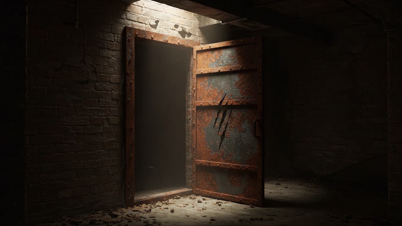 A Mysterious Rusty Door in a Dimly Lit Room Invites Exploration and Curiosity, Its Textured Surface Revealing Stories of Abandonment and Enigma