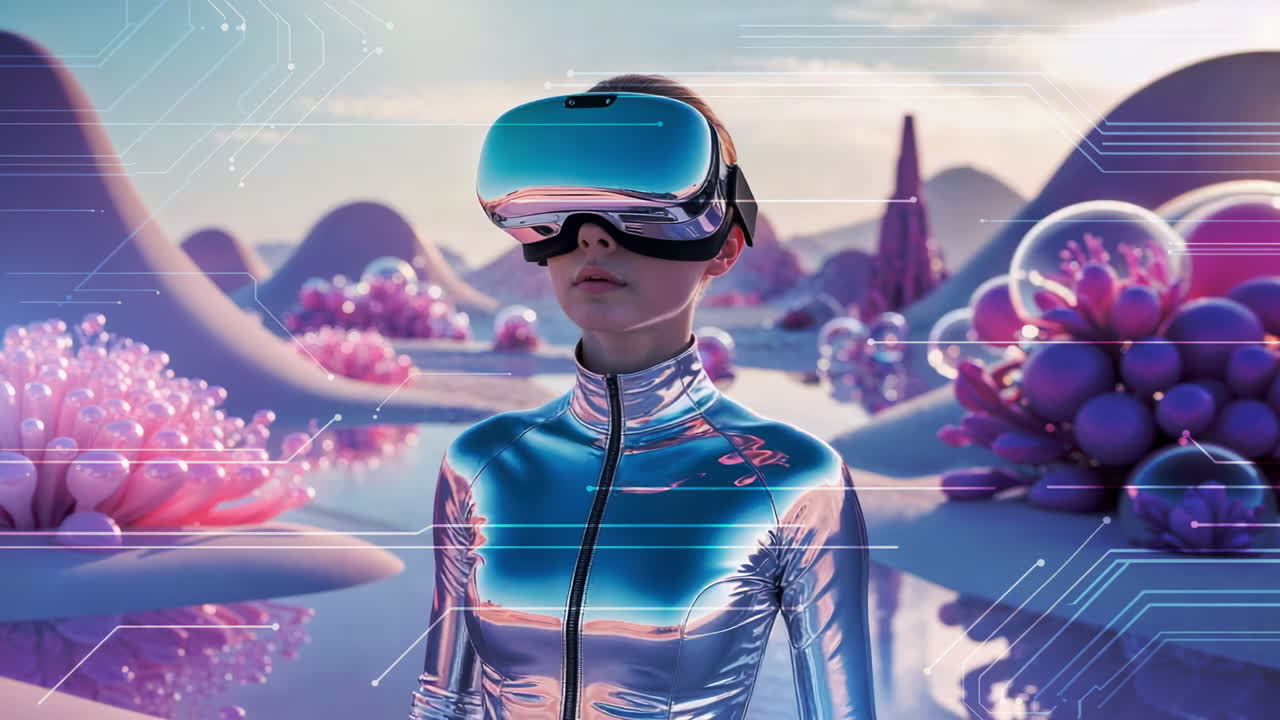 Woman in VR Headset in a Futuristic Digital Landscape