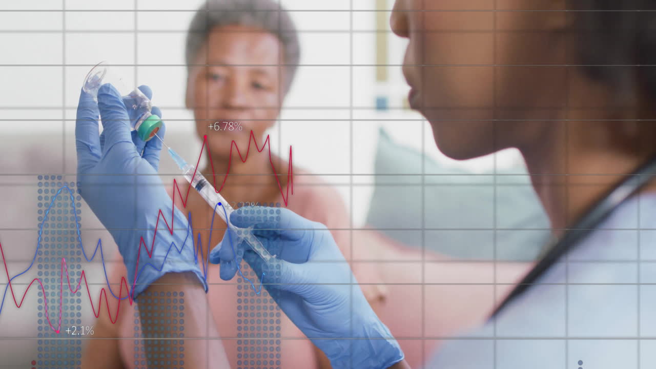 Female nurse drawing vaccine from vial in living room, with animated health chart