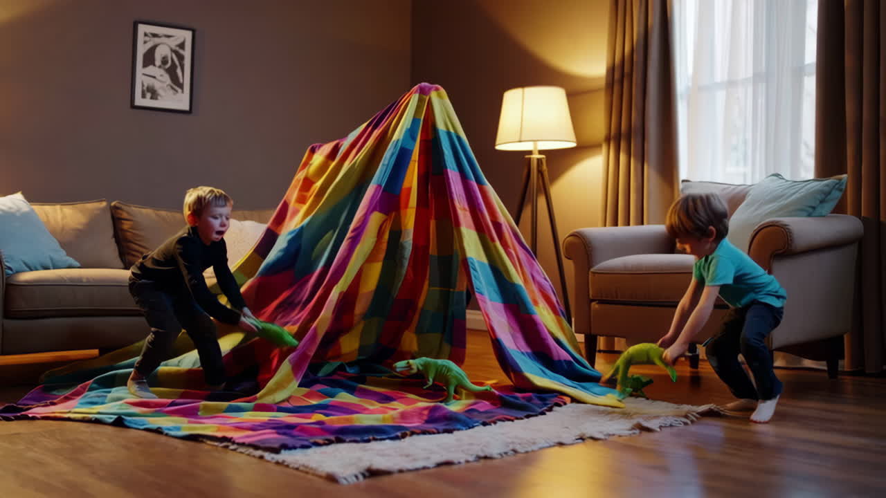 Two young boys play with dinosaur toys inside a colorful blanket fort in their living room