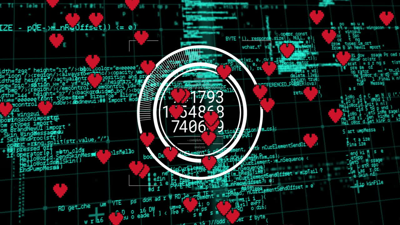 Red heart icons with numerical data circles on digital code animation background