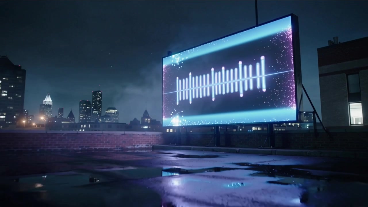 Modtager lydsignal, pulserende billboard viser bølgeform på tag om natten, reflekterer i vandpytter