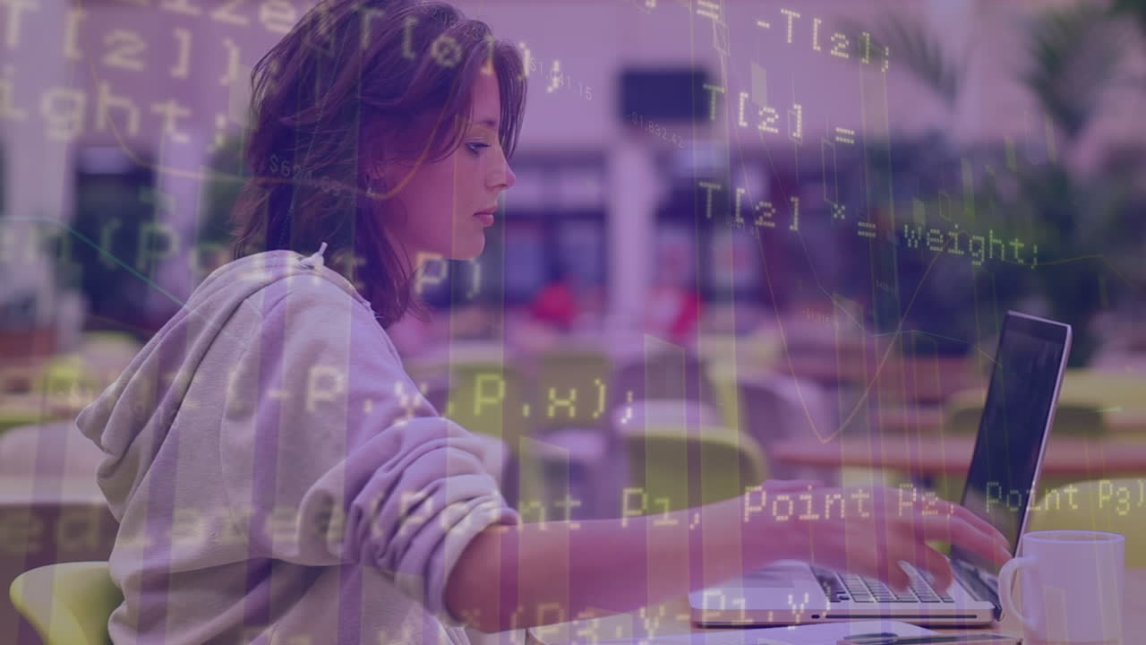 animación de procesamiento de datos sobre estudiante caucásica con computadora portátil
