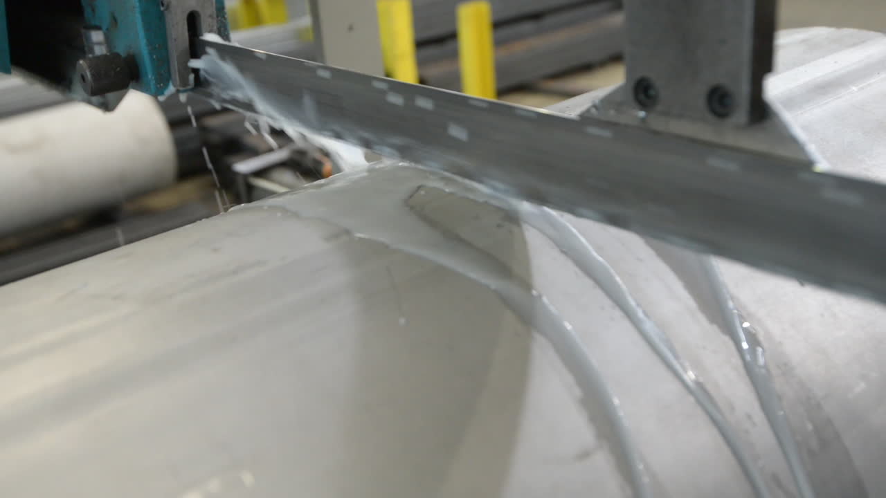 Horizontal Band Saw Machine With Coolant Fluid Cutting Round Shaft Steel. close up