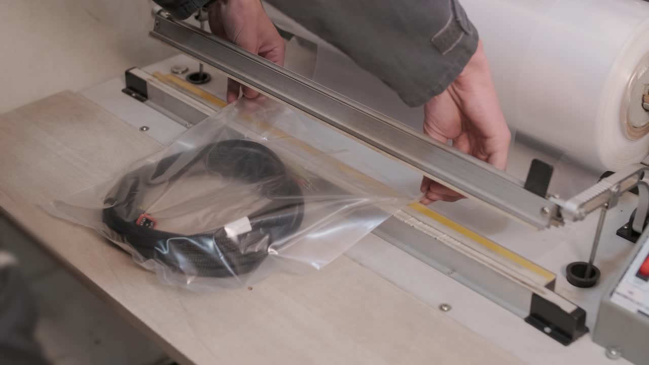 работник упаковывает кабель в пластиковый мешок