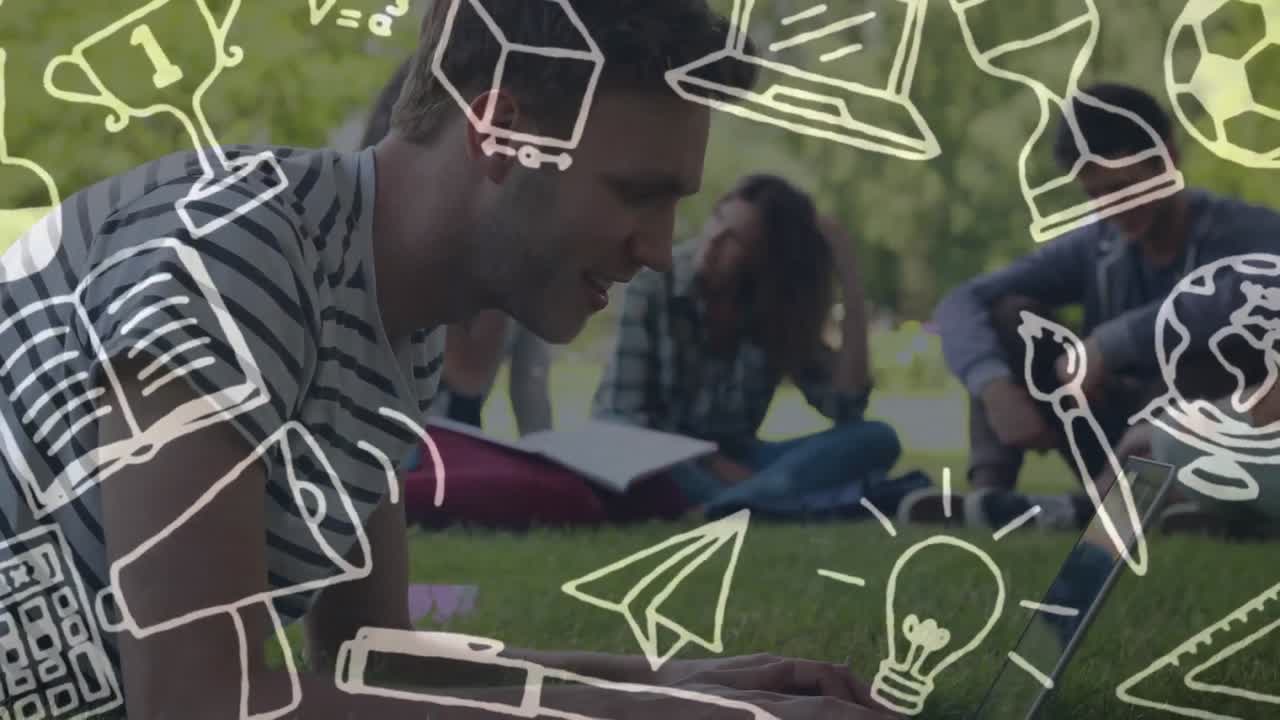 학생 들 위 에 있는  ⁇ 색 학교 물건 아이콘 의 애니메이션