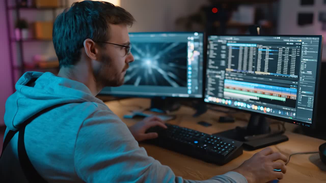 uomo che lavora su due monitor di computer in una stanza buia