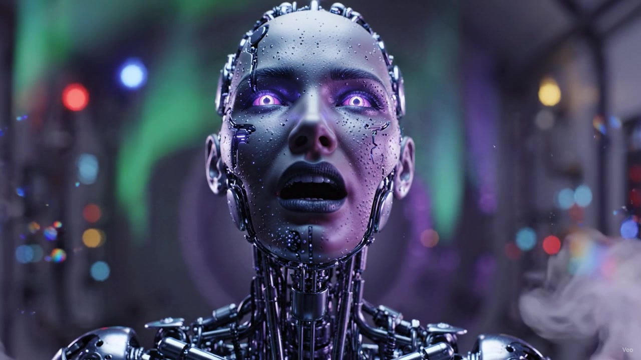 Sbalorditivo personaggio robotico iperrealistico in un'ambientazione futuristica con caratteristiche espressive e occhi penetranti che catturano la profondità dell'emozione dell'intelligenza artificiale.