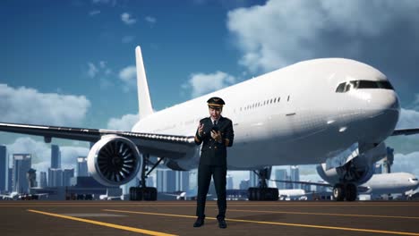 cuerpo lleno de piloto hombre asiático mirando teléfono inteligente, sonriendo y diciendo wow mientras está de pie en el aeródromo con el avión en el fondo