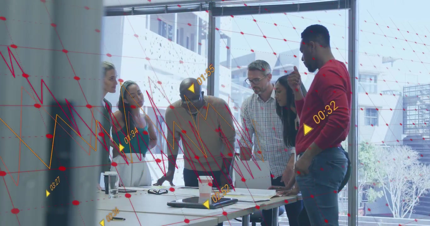 Animation of statistical data processing over group of colleagues discussing together at office