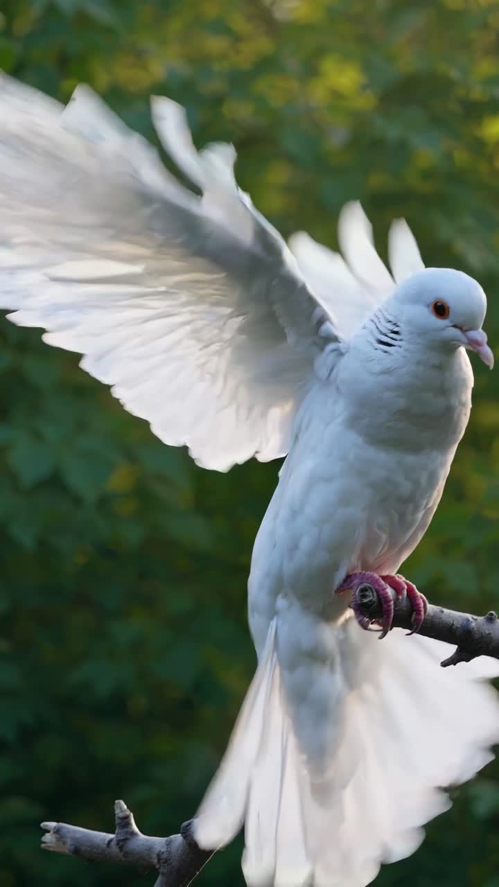 Video ravvicinato di una colomba bianca appollaiata su un ramo, ripresa da un'angolazione laterale.