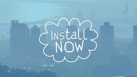 animación de instalar ahora texto sobre cityscape.