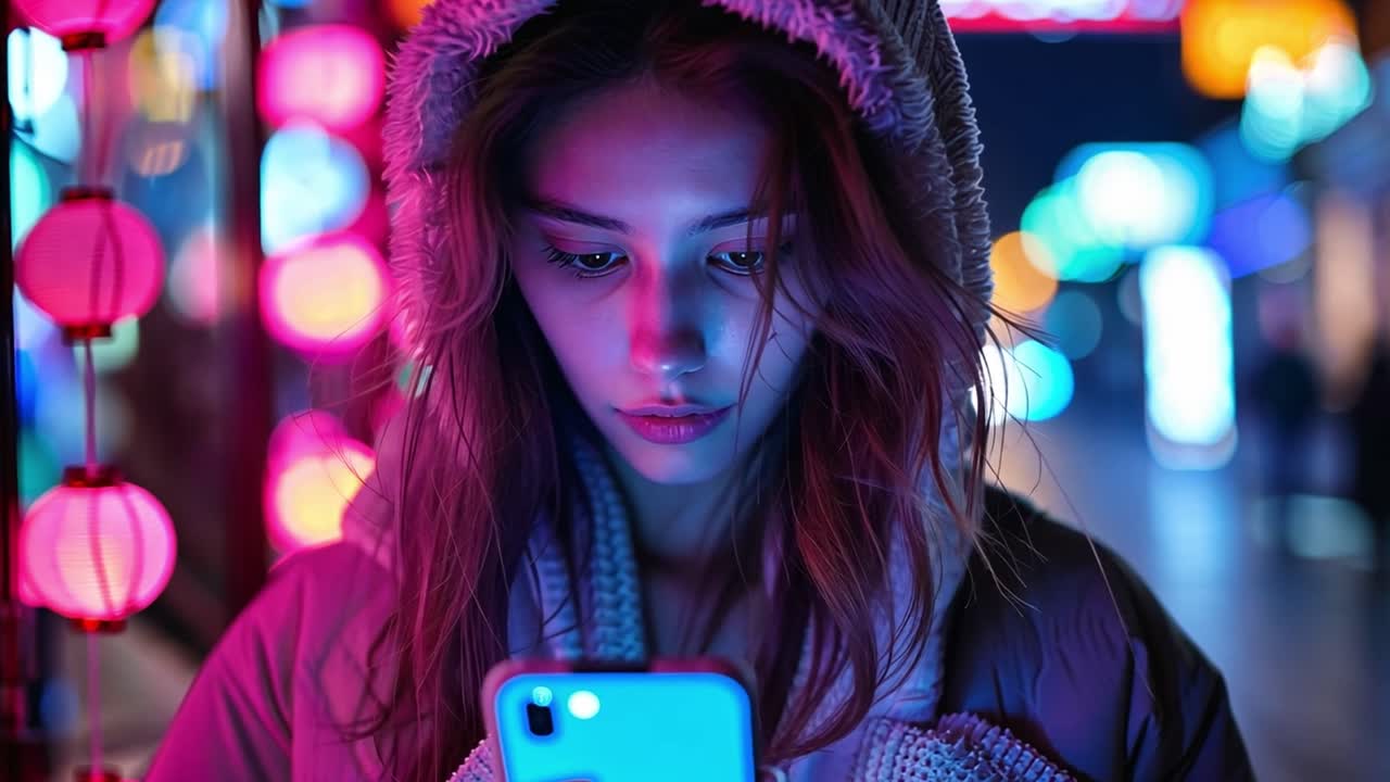 Young Woman Engaged with Smartphone Amidst Vibrant City Lights