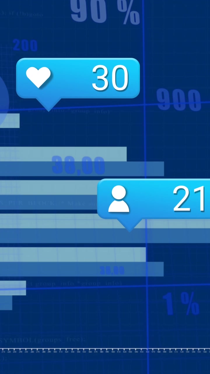 Animation of social media icons over statistical data processing against blue background