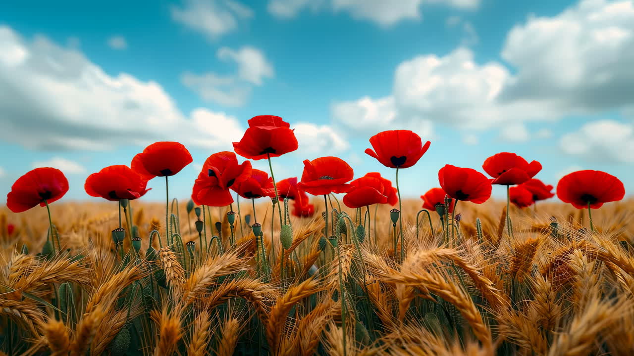 Red poppies in gold wheat fields. Bright red poppies bloom in a golden wheat field under a sunny sky with fluffy clouds. Nature's beauty on display