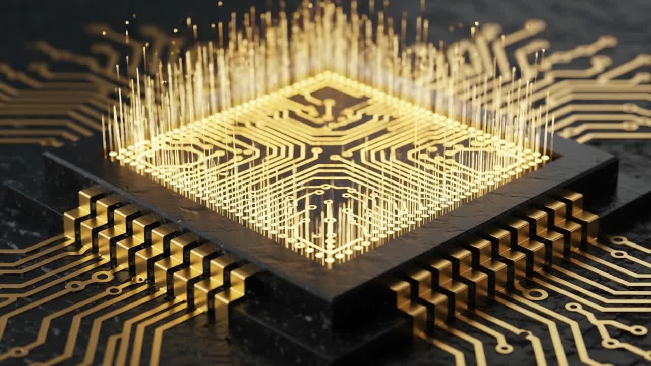 The Evolution of Processing Power: A Close-Up View of a Modern Microchip Featuring Intricate Circuitry and Awe-Inspiring Gold Metallic Sparks