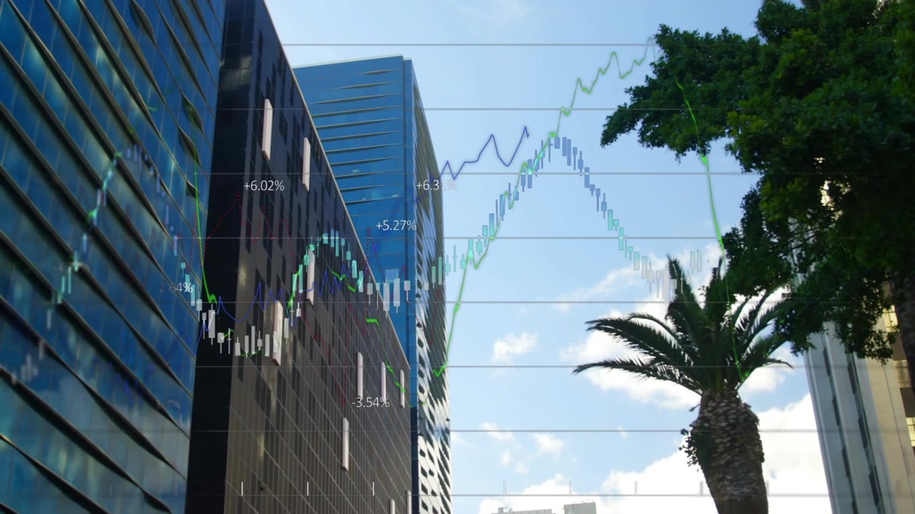 Linhas de grade tênues aparecendo, gráficos de mercado crescendo da esquerda para a direita sobre torre e palmeira, mostrando tendências.