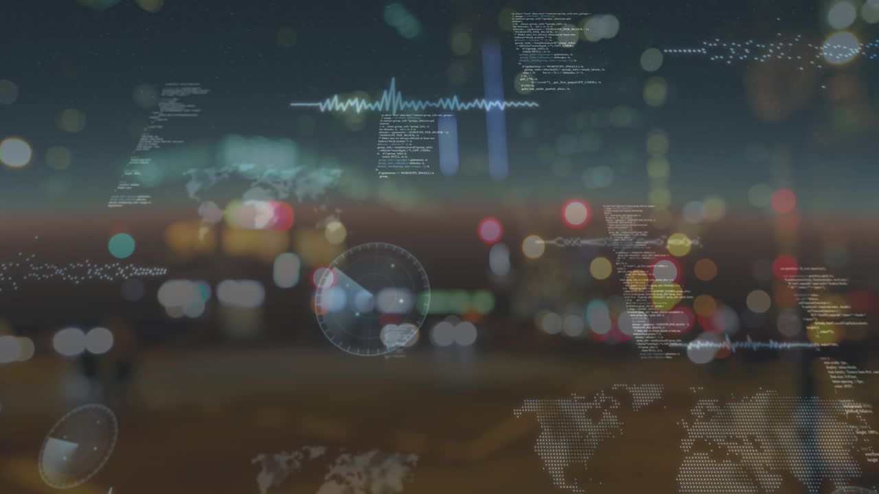 Animation of data processing over people and cars on busy street