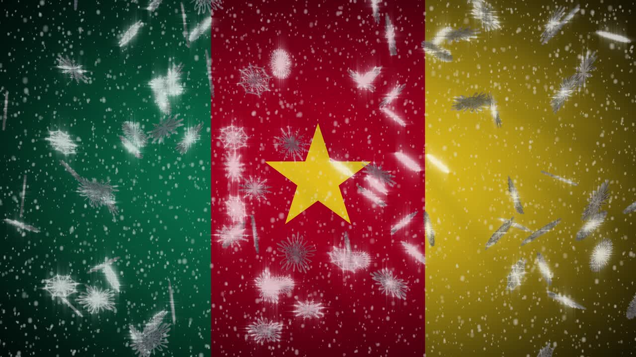 bandera de cameroon cayendo nieve en bucle, año nuevo y navidad fondo, bucle