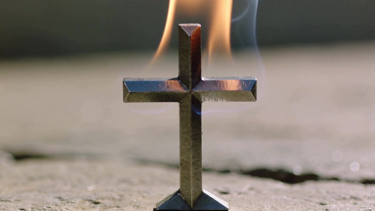 Croce di metallo fiammeggiante che si erge su una pietra con fiamma e fumo che si arricciano dalla brezza e ombra in movimento.