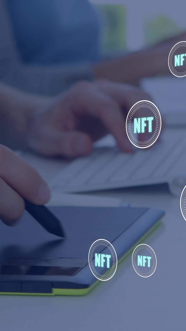 Animation of nft in circles over hands of caucasian man using tablet