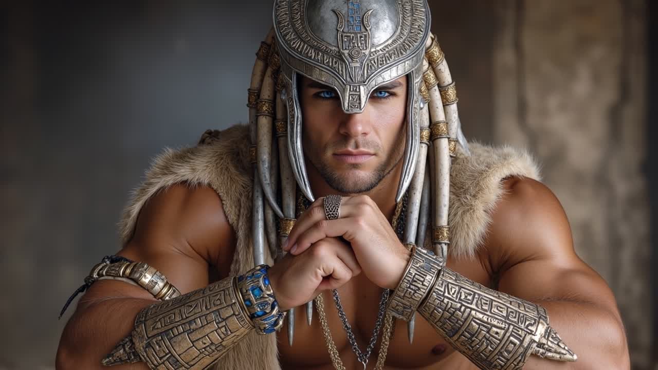 Kraftfull man i forntida egyptisk faraodräkt med utsmyckad guldarmour och traditionell kunglig huvudbonad