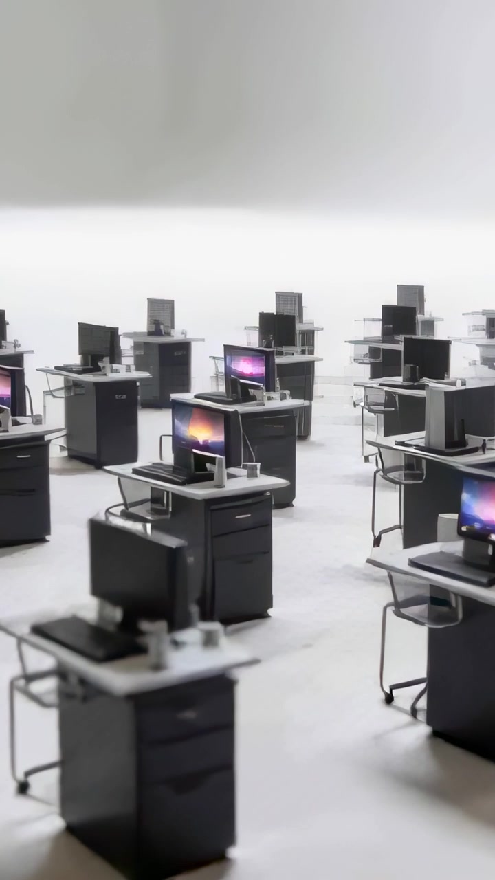Vertical video: Panning camera revealing desk grid in white hall, monitors lighting up showing plan