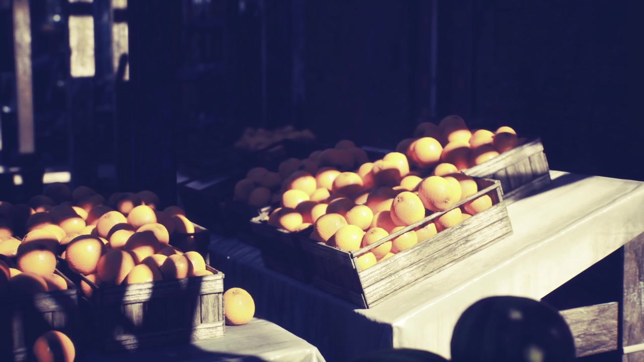 Cinematic dusk scene featuring illuminated citrus and rustic alleyway