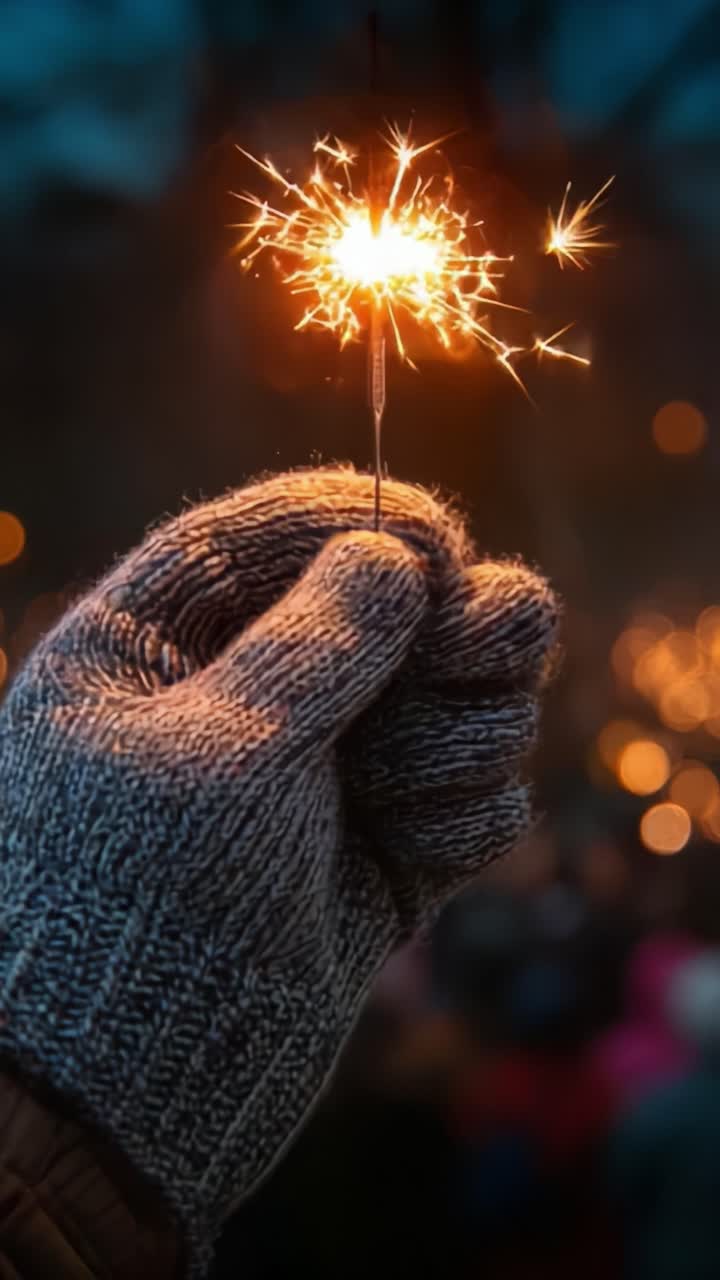 Primo piano di una mano guantata che regge uno scintillante fuoco d'artificio, illuminando l'ambiente circostante con luci vivaci e creando un'atmosfera festosa di notte