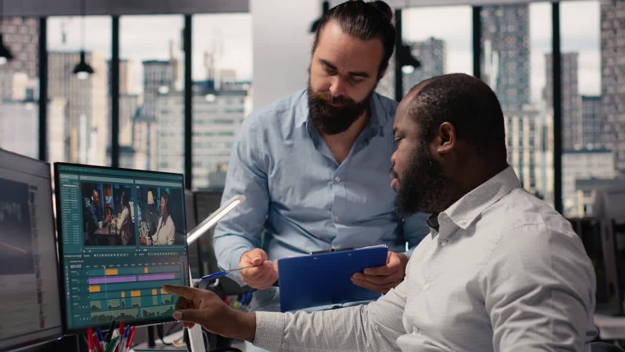 Editors team, refining video content, movie post production, agency studio